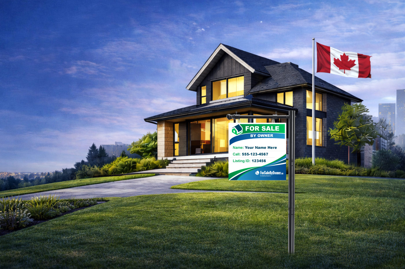For Sale By Owner home with lawn sign and Canadian flag