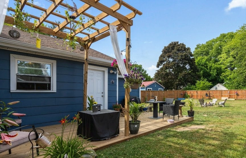 Side Yard of Main House with new deck and pergola