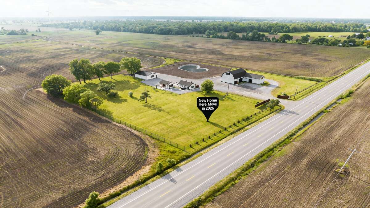 Aerial view of the private 4-acre landscape—today new modern farmhouse ready in 2026 Move-in