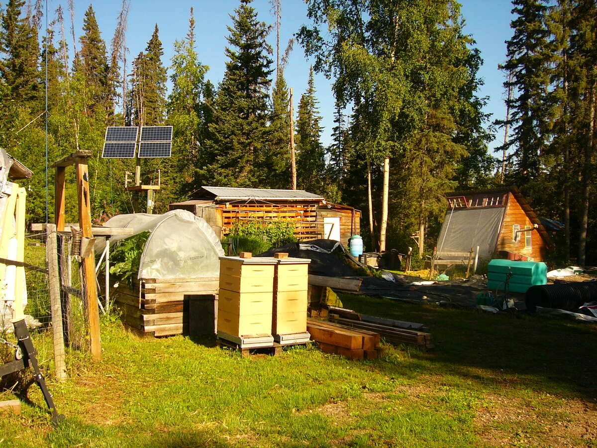 Garden area, woodshed, chicken/greenhouse and new gravel pad for 14"x 32" green house.