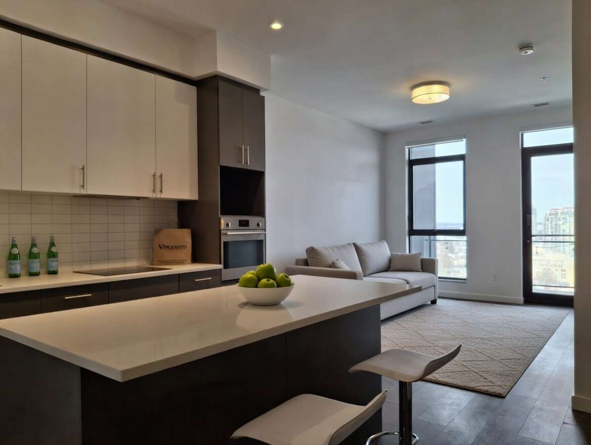 Kitchen with built-in fridge and dishwasher, and large cabinets