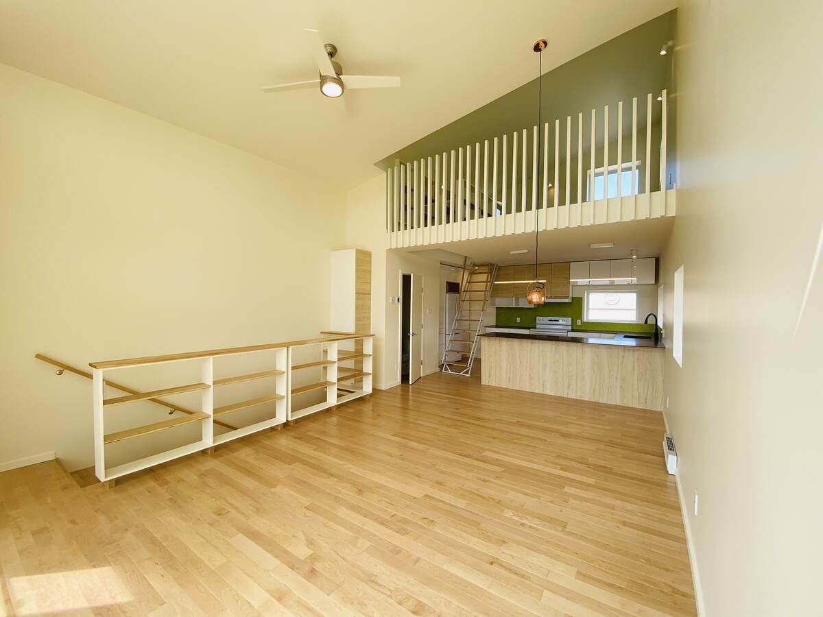 Living room, loft + kitchen from top of stairs. 20' ceiling, hardwood maple floors and large south-facing windows.