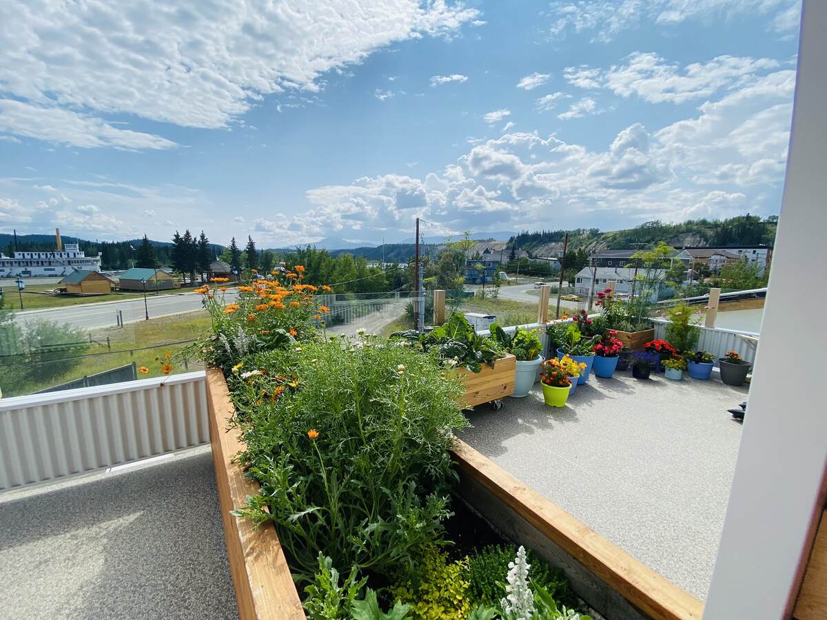 Looking left from the terrace to Grey Mountain. More Grey mountain over the side balustrade.