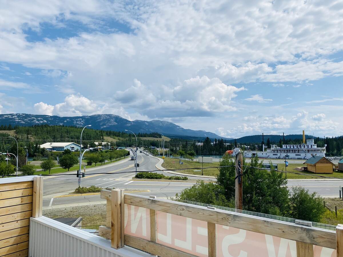 Looking left from the terrace to Grey Mountain. More Grey mountain over the side balustrade.