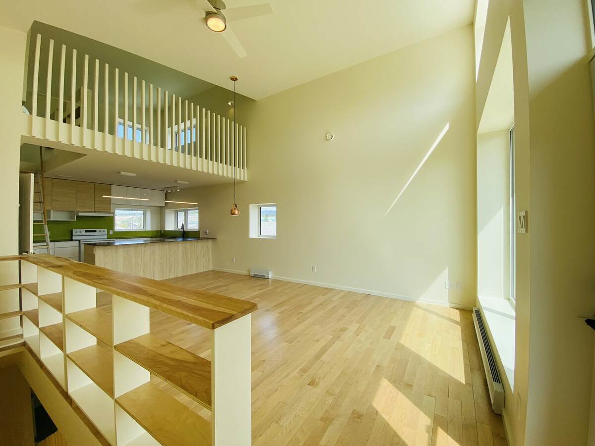 Living room, loft + kitchen from top of stairs. 20' ceiling, hardwood maple floors and large south-facing windows.