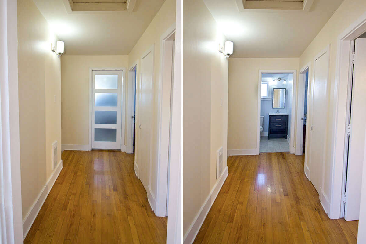 Second upstairs hallway with access to bedrooms and full bath.