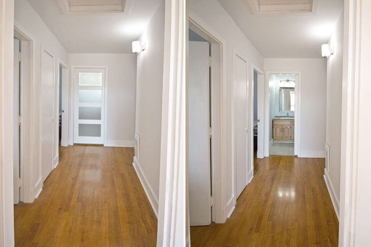 Upstairs hallway with access to bedrooms and full bath.