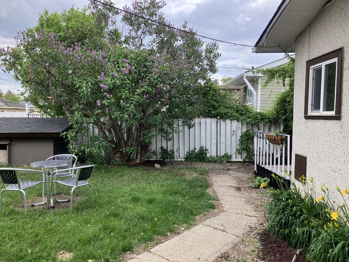 Backyard with sidewalk leading to garage