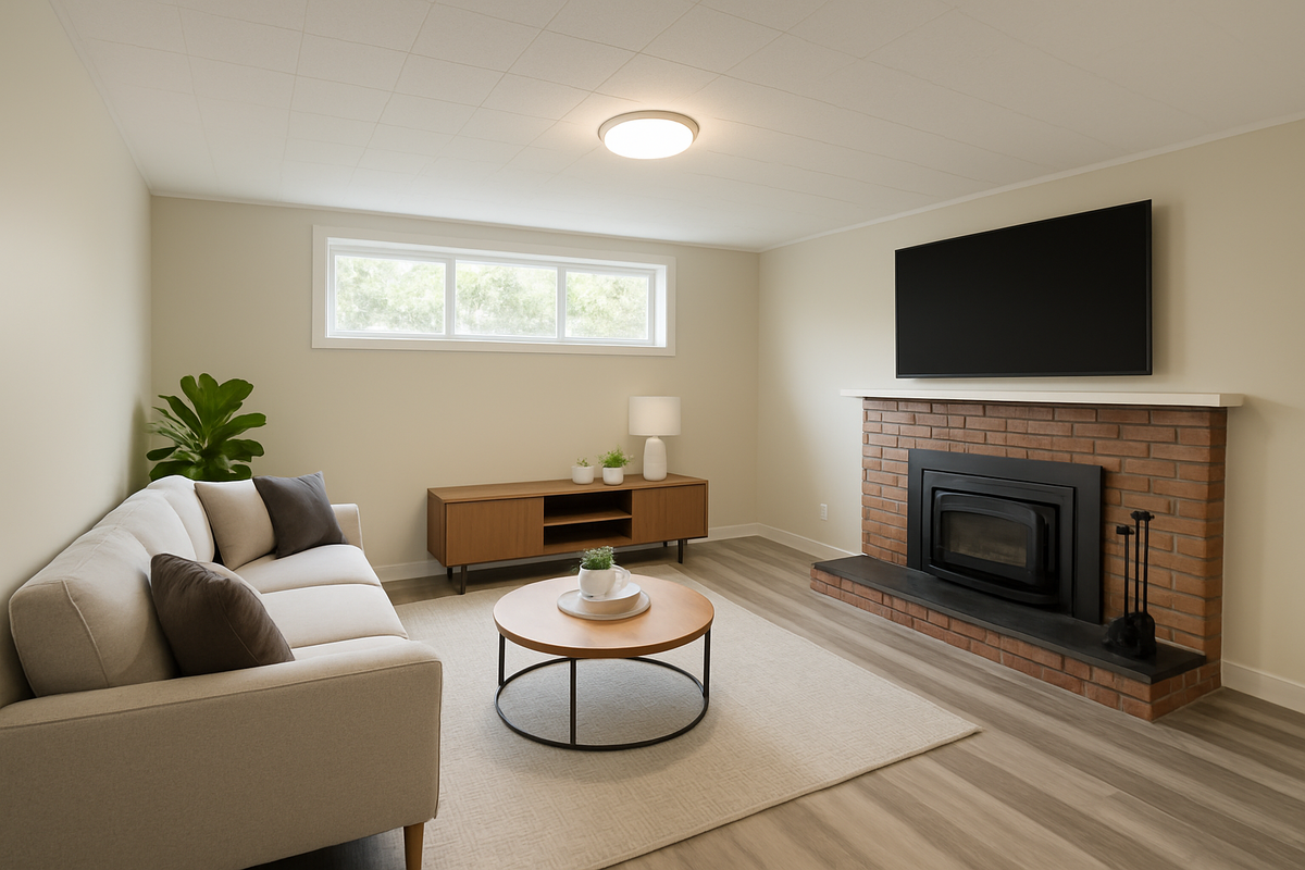 Basement family room staged with AI