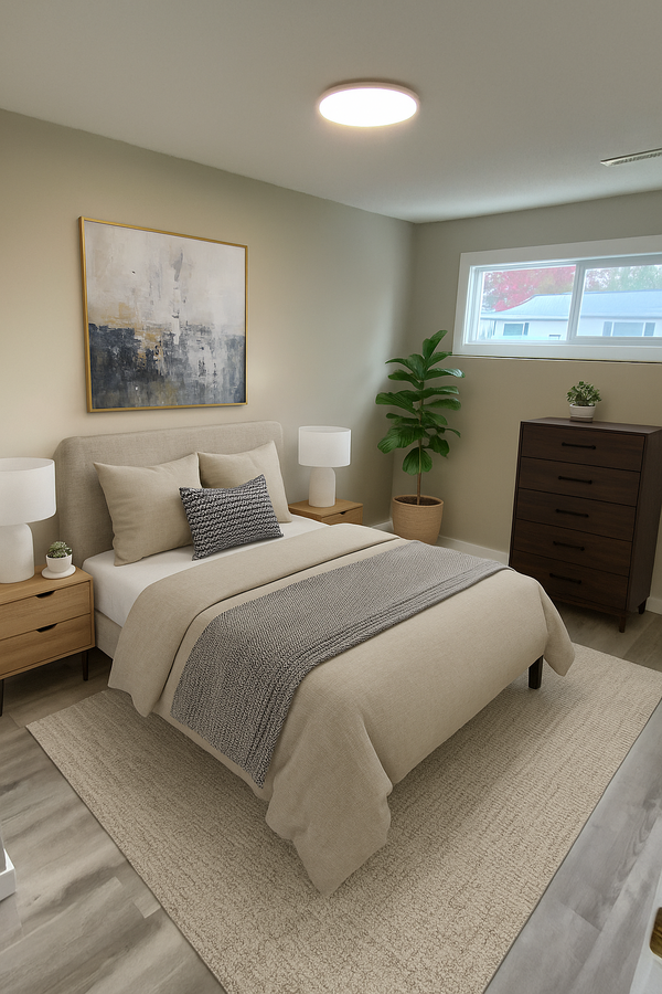 Basement bedroom staged with AI