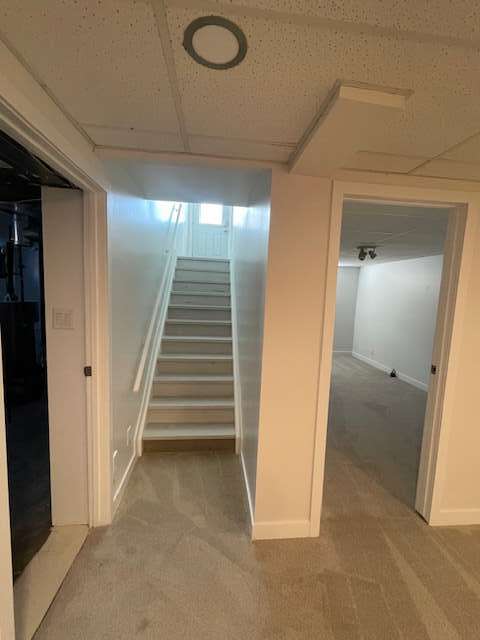 basement stairs & doorway to bedroom and laundry