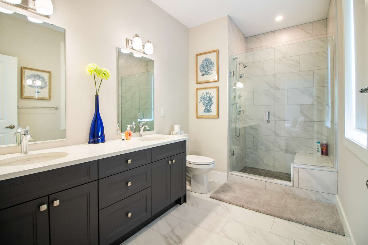 Master ensuite Bathroom - double sinks and glass shower