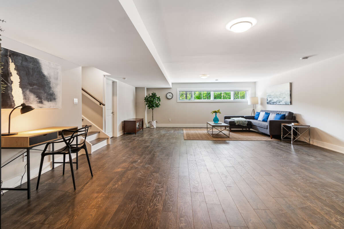 Large Basement - with couch and TV area, desk, and workout area.