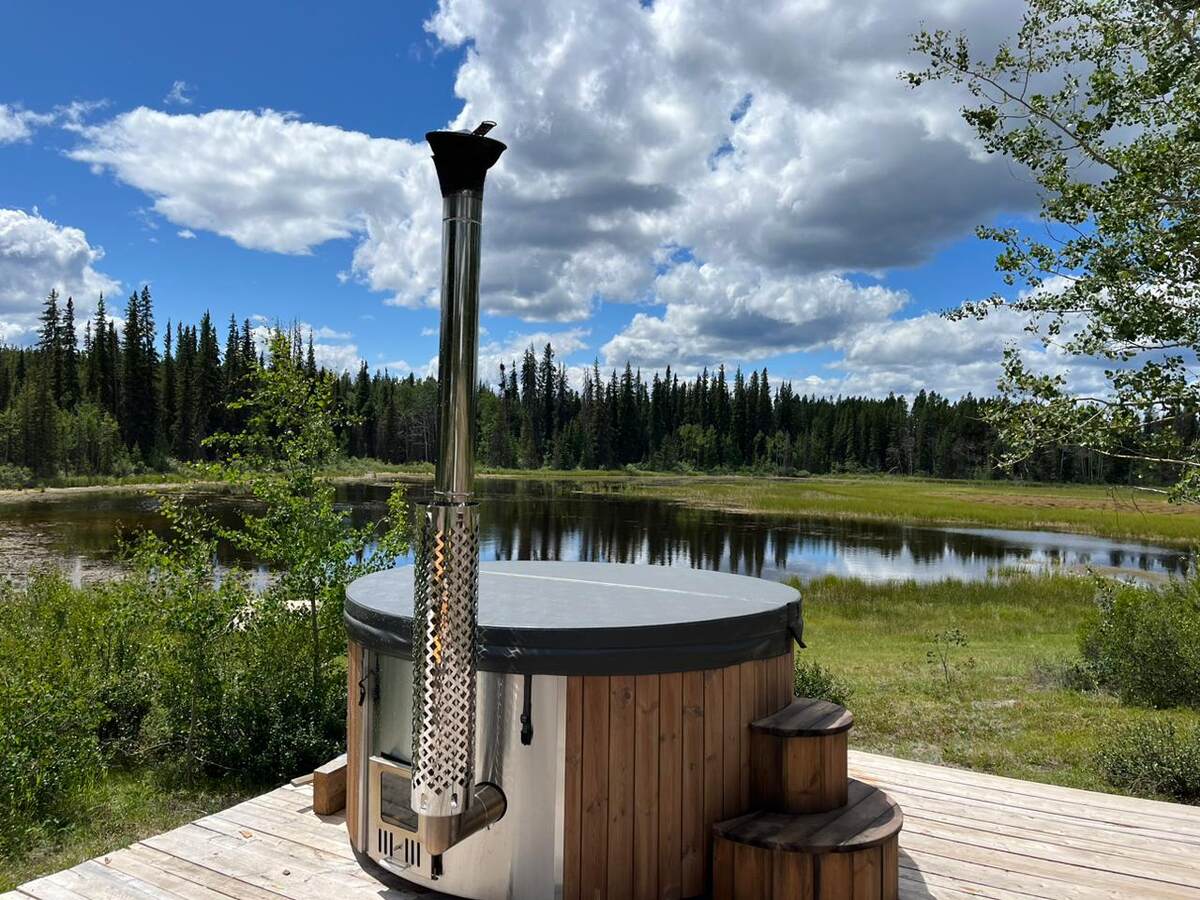 wood fired hottub overlooking mallard pond