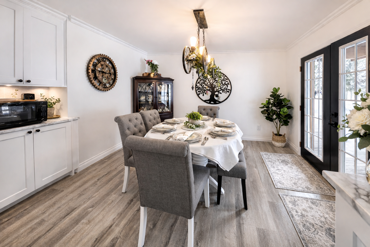 Dining room with new crown moulding & light fixture