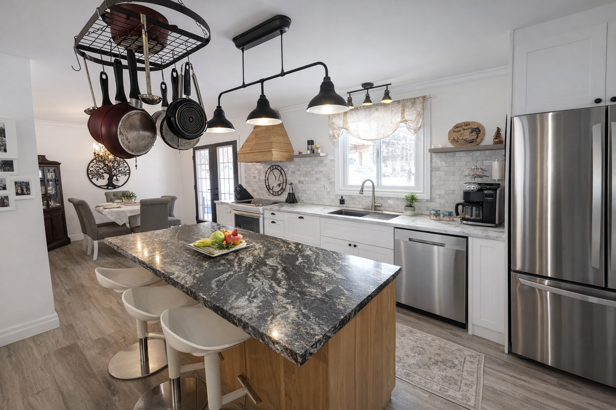 Kitchen, new drywalls, new crown moulding.