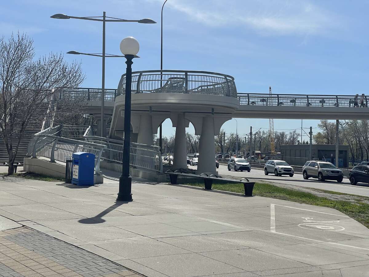 Pedestrian overpass to light rail transit station and Bow River walkway