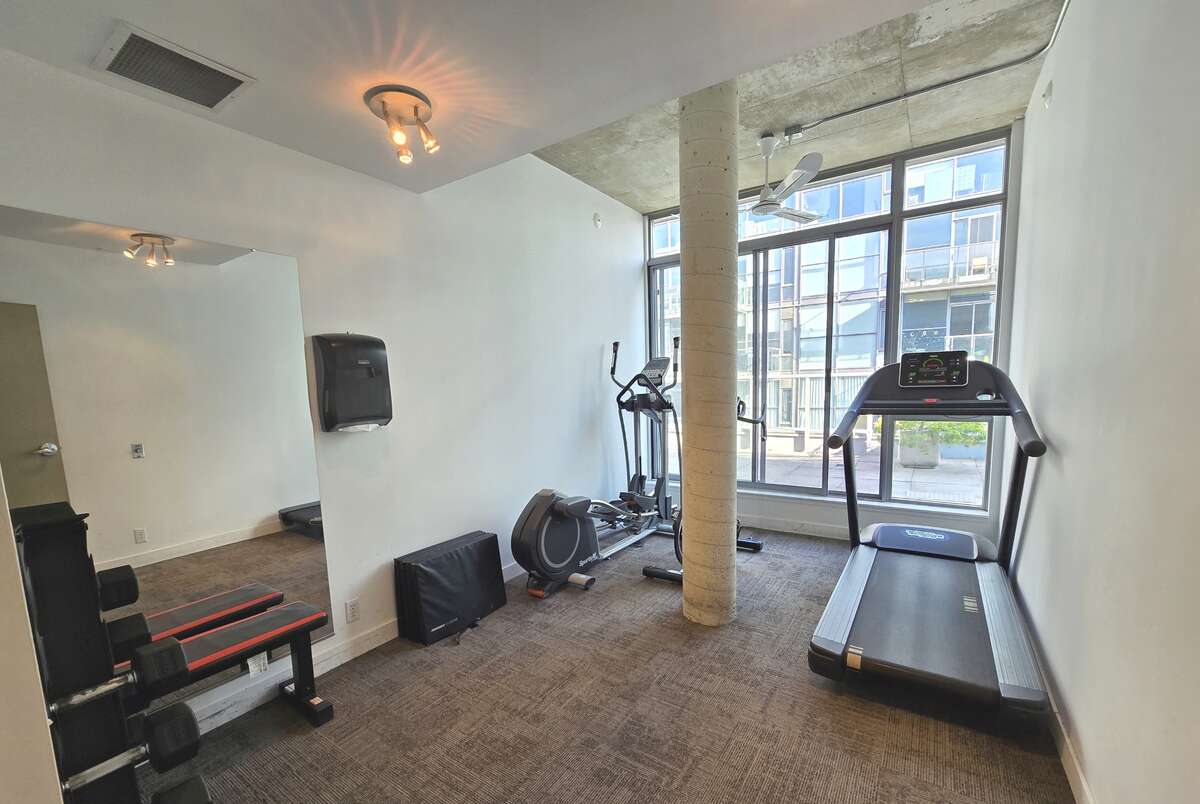 Fully equipped gym with natural light from floor-to-ceiling windows.