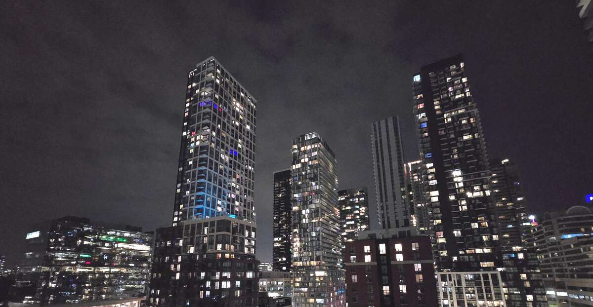 Nighttime skyline from the rooftop.