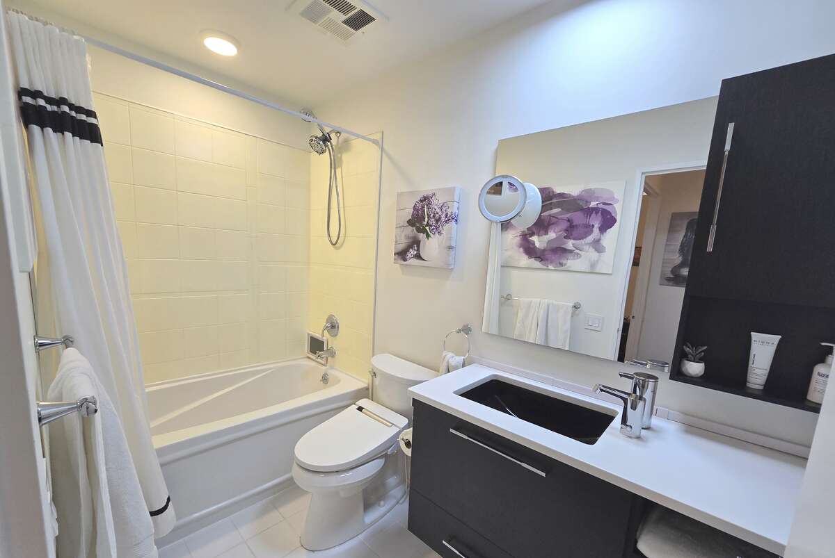 Modern bathroom with a full-size tub that includes a tablet holder, and a remote-controlled heated bidet and toilet seat.