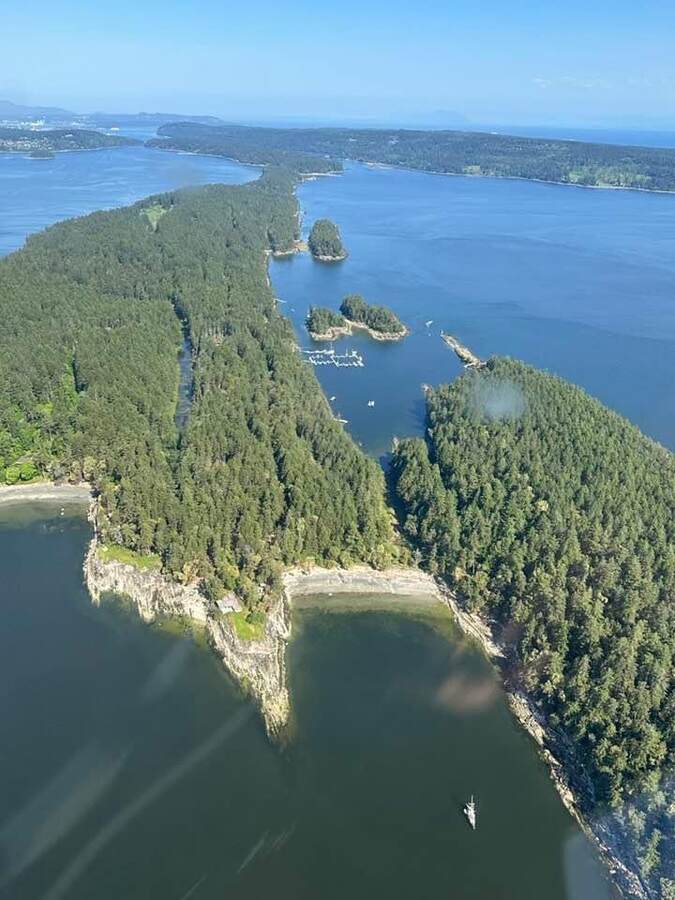 East side of Decourcy Island looking North showing private marina and Pirates Cove Provincial Park