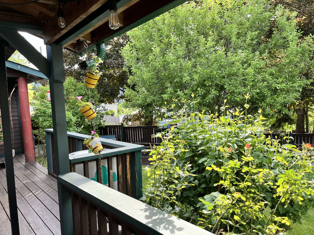 Looking up at the covered deck, gazebo and large shed