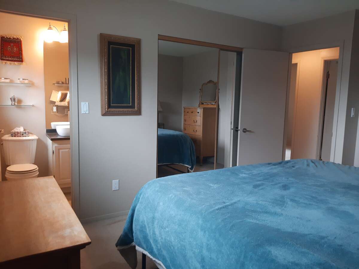 Double sliding mirrored closet with built-in organizer.