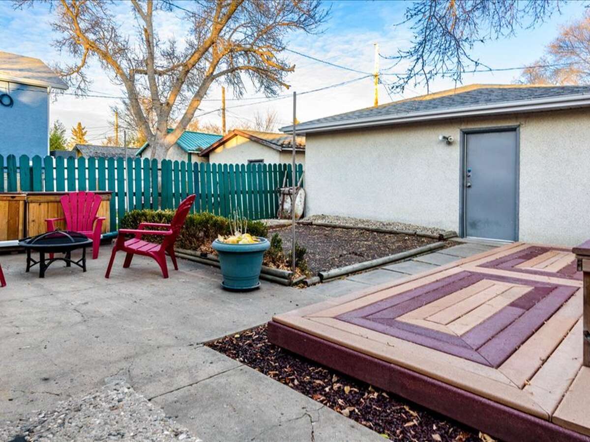 Backyard Patio: 14' L x 10' 3" W | TREX Deck + Recycled Rubber Mulch: 17' 8" L x  5' 2" W