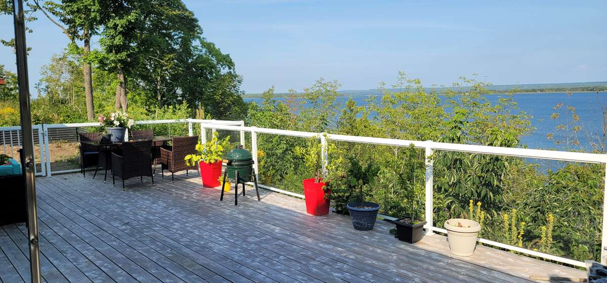 Patio overview of Campbell Bay with Lake Wolsey in background