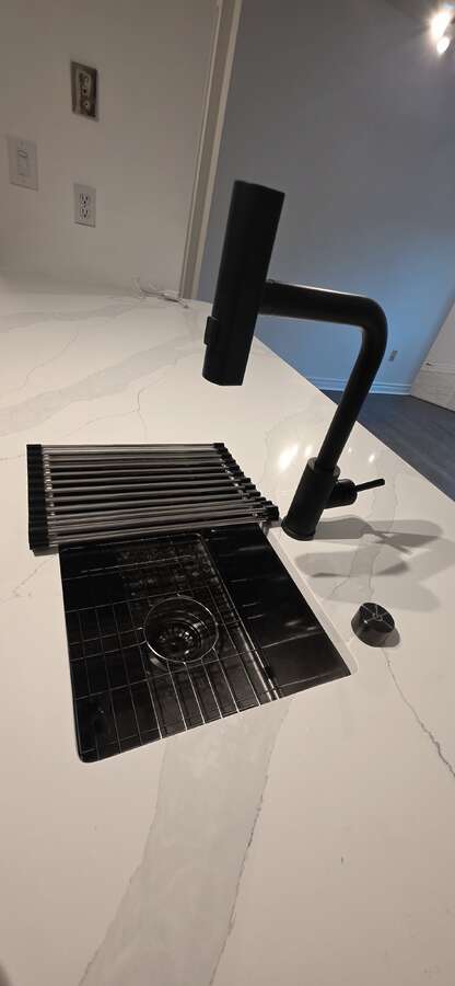 Mod gun-metal black ss undermount sink, countertop drain knob & waterfall faucet w/ pull-dn sprayer