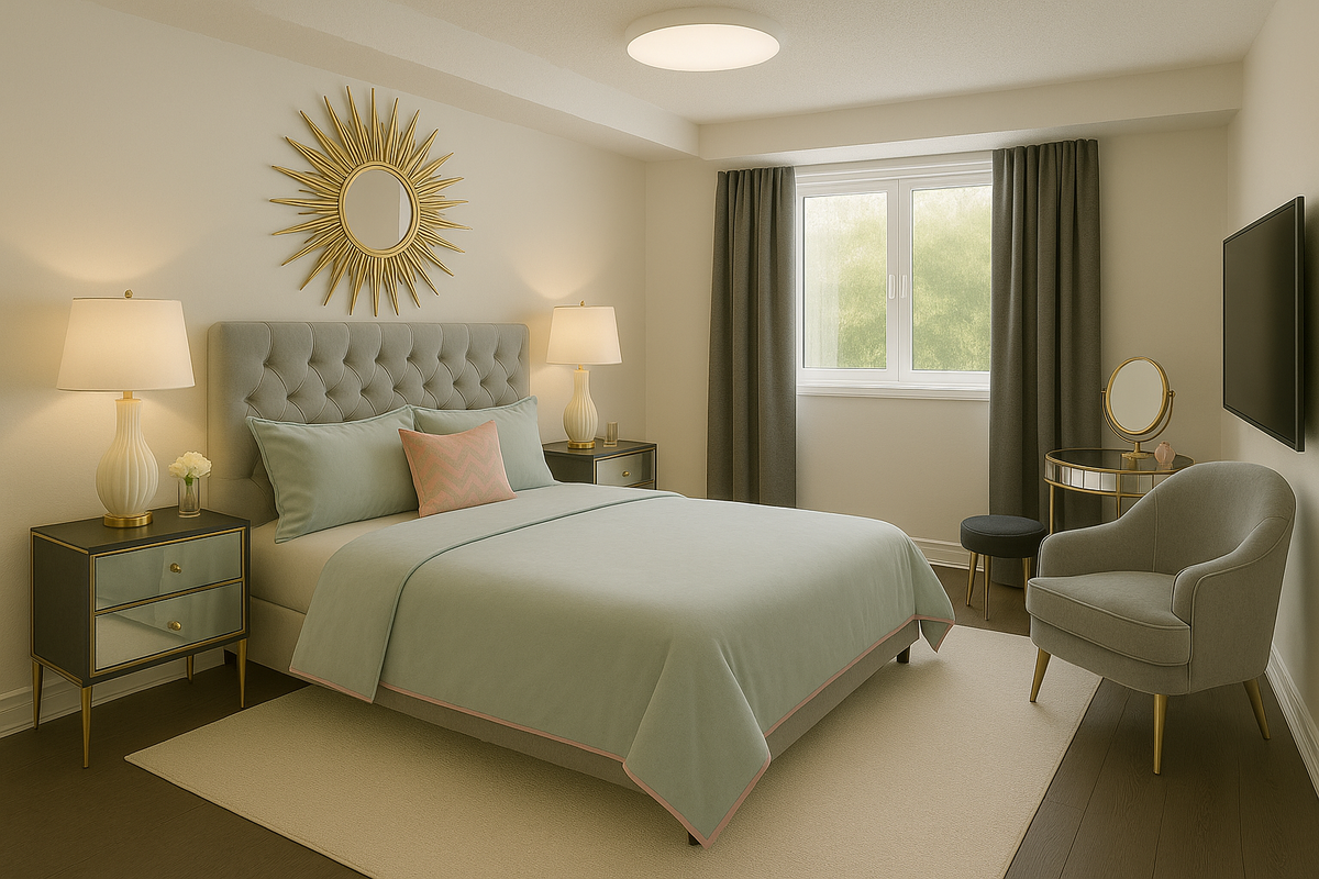 Primary bedroom w/ a spa-like ensuite 5-pc bath & a walk-in closet; furnitures are virtually staged