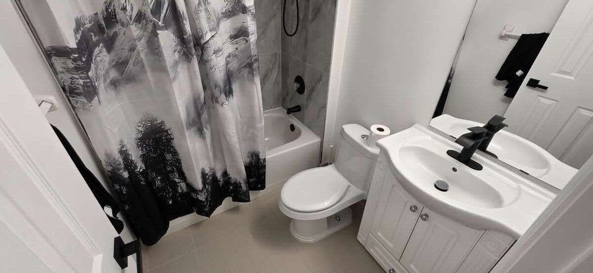 Bathroom 2: new vanity, fixtures, wall & floor tiles