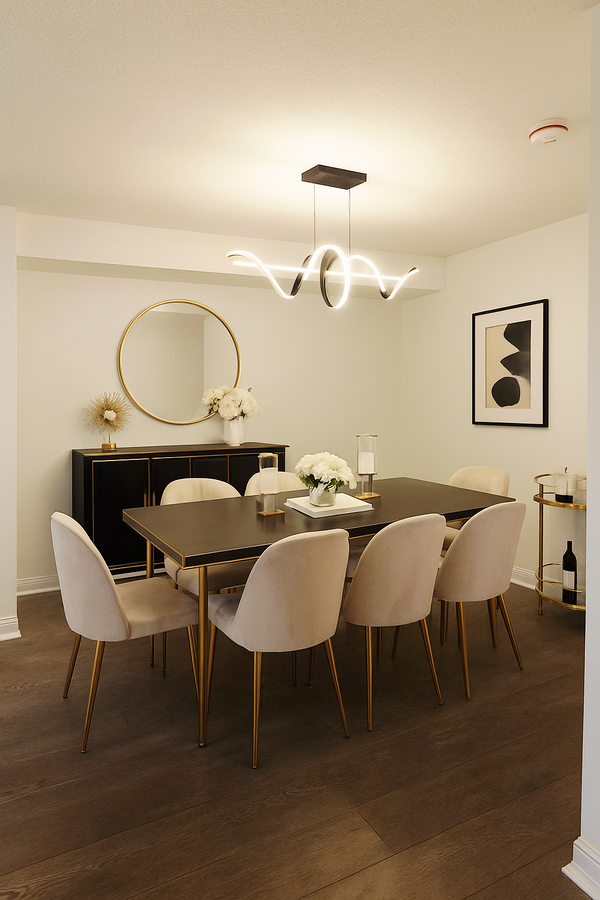 Dining room, view from the living room, virtually staged with furnitures