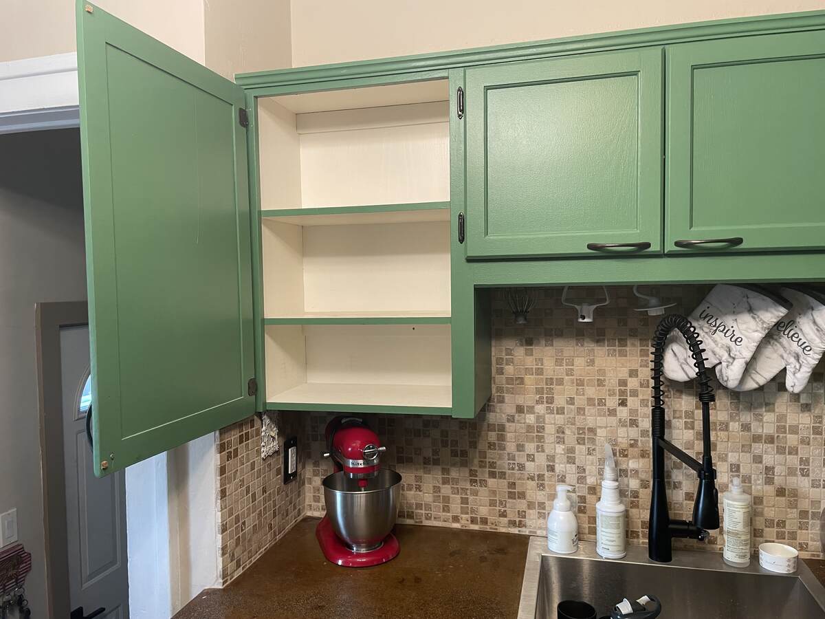 Concrete counter tops, Marble backsplash, Large sink, restaurant style kitchen faucet. lots of storage.