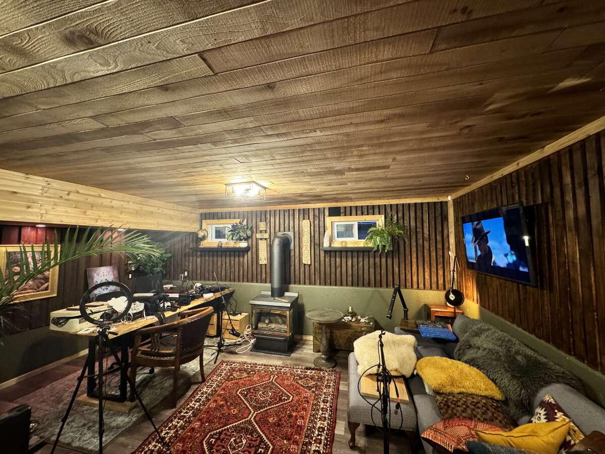 Office/Music Studio with Acoustically Treated Walls and Gas Stove