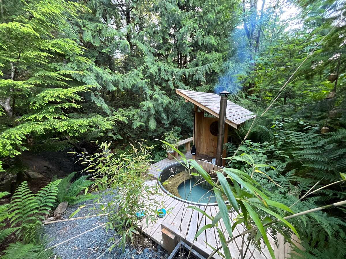 Wood Fired Hot Tub, Deck, Wood Storage, and Changing Room