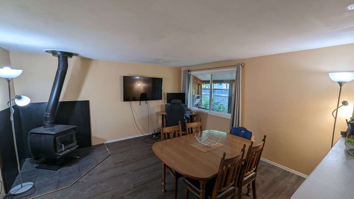 Wood stove in living room.