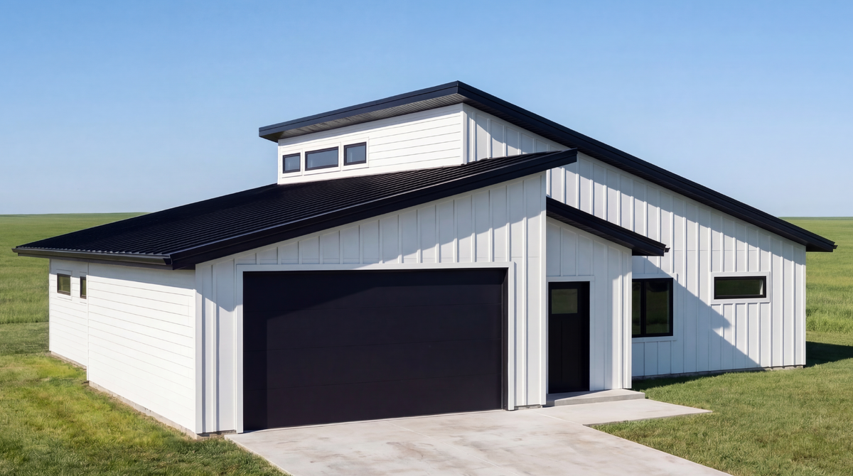 Rendering of front and side of house.