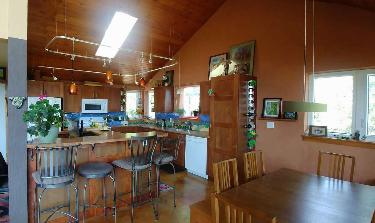A skylight brightens the kitchen.