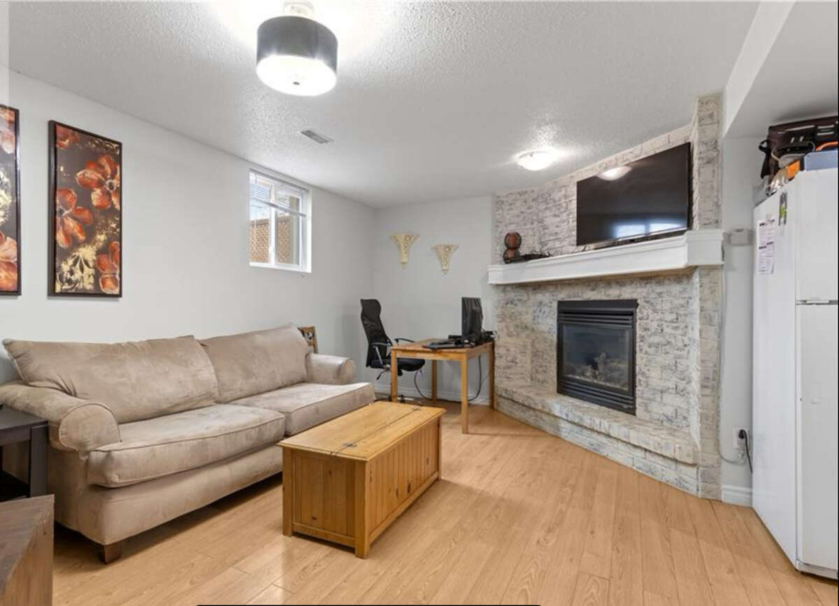 Lower level apartment living room with gas fireplace