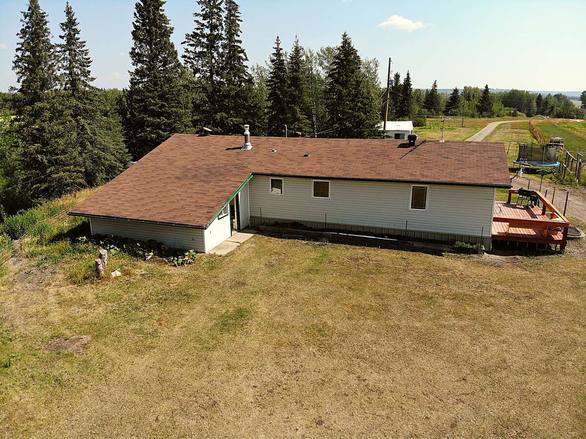 west side of house with rhubarb patch