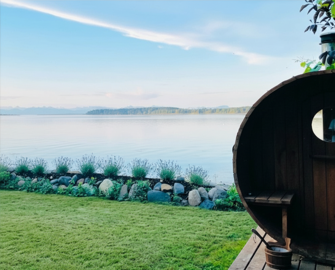 Waterfront wood fired sauna with stone steps to the beach.