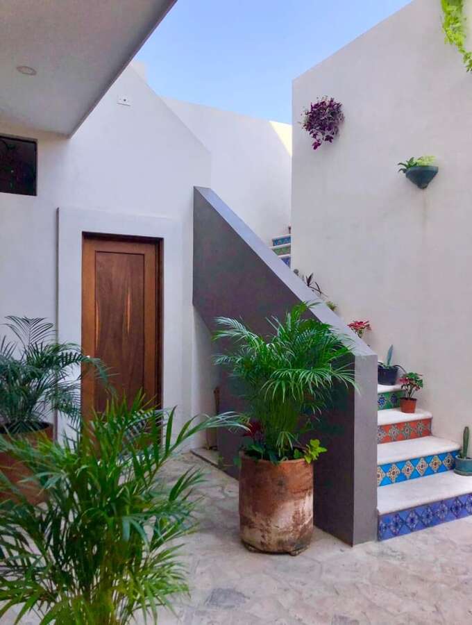 Out door bath, stairs to upper level